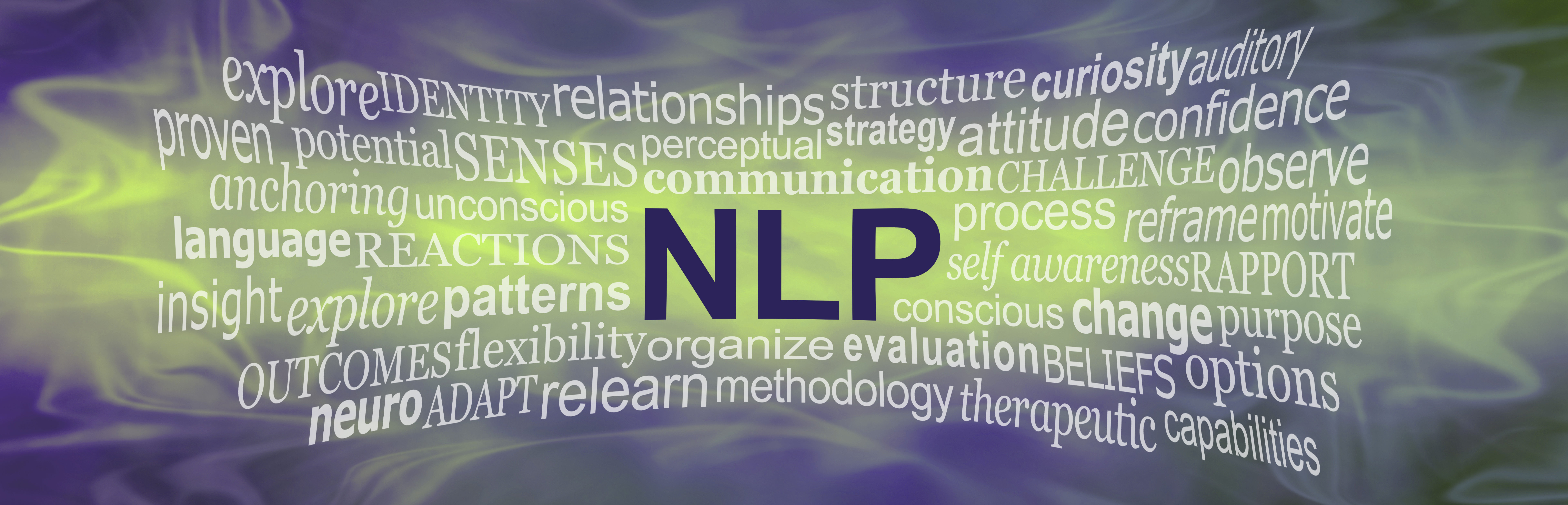 Neuro Linguistic Programming  word cloud banner - wide smokey misty deep purple and lime green background with an NLP word cloud streaming across the middle in lime with copy space around
